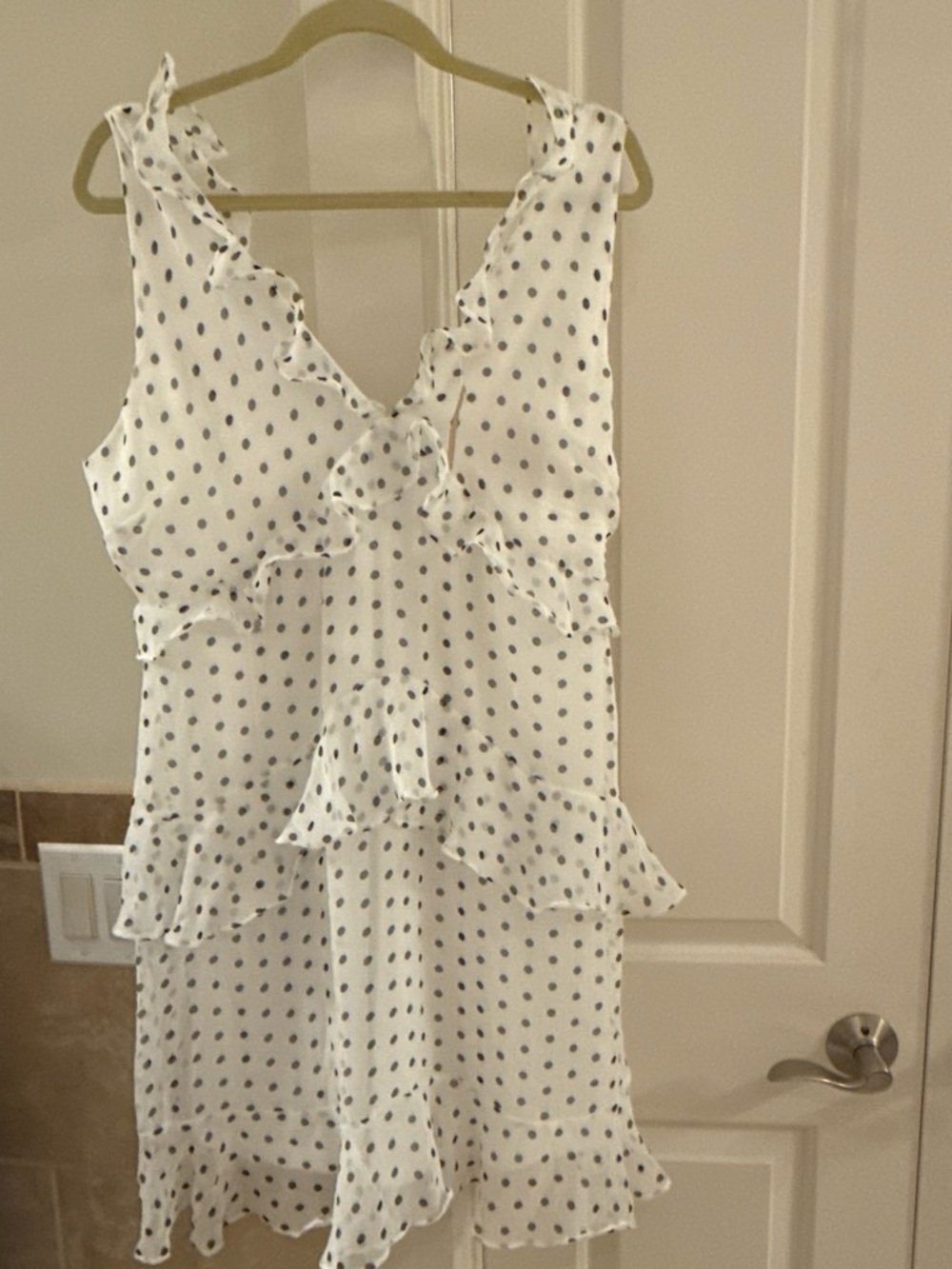 vestique White Dress with Navy Polka Dots and Ruffle Details